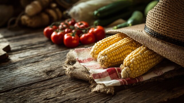 Fresh Harvest of Sweet Corn with Straw Hat on Rustic Wooden Table Surrounded by Colorful Vegetables and Tomatoes in Natural Farm Setting