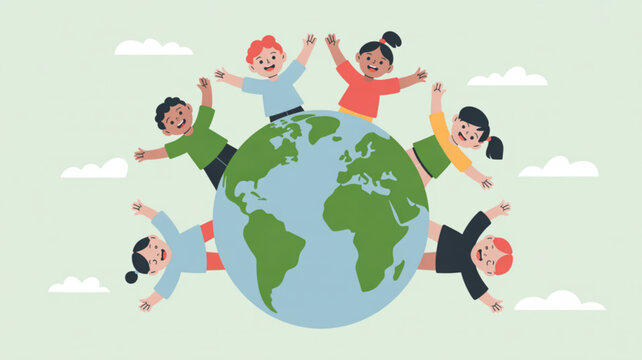 Diverse children holding hands around the earth globe in a playful and harmonious atmosphere with clouds