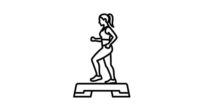 Woman doing step aerobics on a fitness platform, line art icon