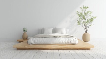 Modern minimalist bedroom design featuring wooden platform bed with white bedding and decorative plants in ceramic vases against a bright wall