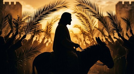 Fototapeta premium Jesus Triumphal Entry into Jerusalem on Palm Sunday Biblical Scene Christian Art Print