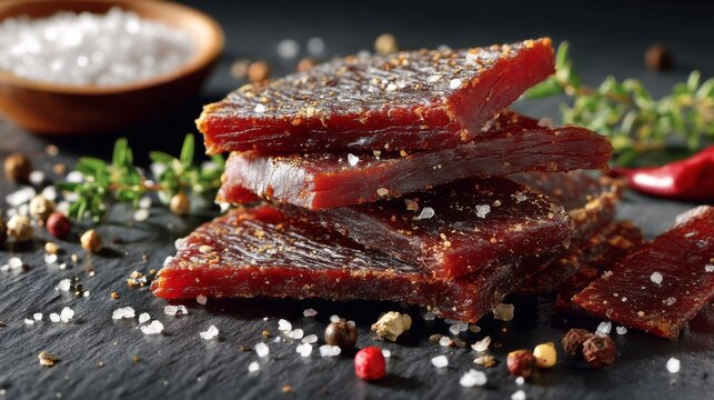Premium beef jerky pieces seasoned with sea salt, peppercorns, and herbs on a dark slate background for gourmet snack or culinary use