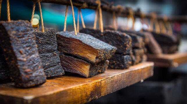 Close-Up View of Traditional Dried Fish Hanging on Wooden Rack at Market in Vibrant Urban Setting, Capturing Culinary Heritage and Local Flavor