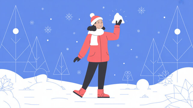 Woman in red coat throwing snowball in winter landscape with snowflakes and trees