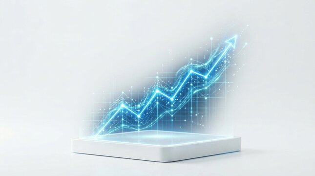 Glowing blue graph with upward trend emerging from white platform