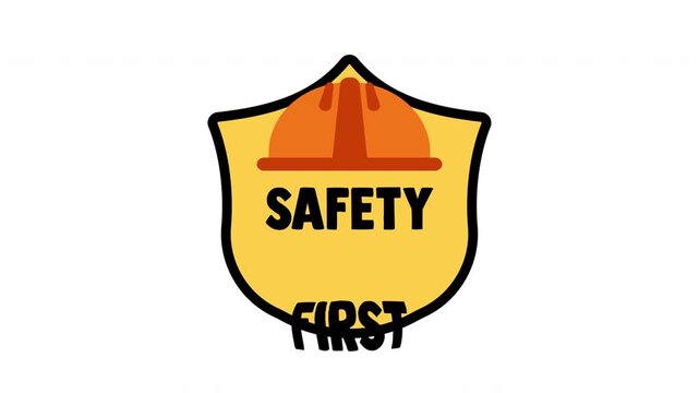 Safety first graphic featuring a yellow hard hat symbol shield shape and bold lettering for occupational safety
