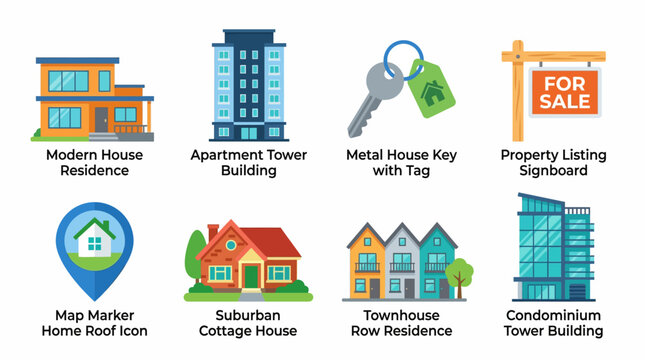 Vector illustration of modern residential buildings and property icons including a house, apartment tower, key, and signboard for sale in a suburban area with a map marker.