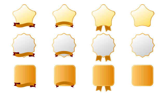 ゴールド色リボン付き・金箔フレームの高級感あるラベルバッジ12種セット（星形・多角形・正方形・装飾・ゴールド・立体光沢・受賞メダル・ギフトパッケージ・LPキャンペーン用ベクターデザイン）：メダルセット02