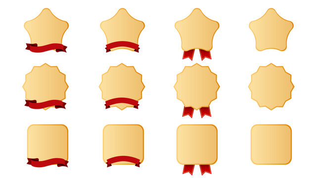 ワインレッド色サテンリボン付き・金箔フレームの高級感あるラベルバッジ12種セット（星形・多角形・正方形・装飾・ゴールド・立体光沢・受賞メダル・ギフトパッケージ・LPキャンペーン用ベクターデザイン）：メダルセット01