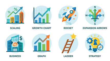 Fototapeta premium Vector graphics illustrate business growth with graphs, charts, and strategy symbols in a modern vector style.