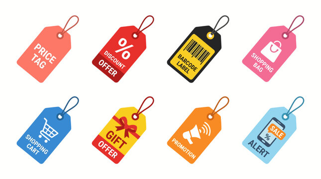 Colorful vector tags with various shopping icons and symbols on a digital illustration for marketing and retail purposes online.