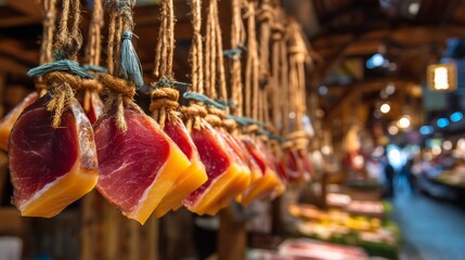 Obraz premium Freshly Cured Meat Hanging in Rustic Market with Colorful Background and Soft Lighting, Visual Feast of Culinary Delights and Artisan Craftsmanship
