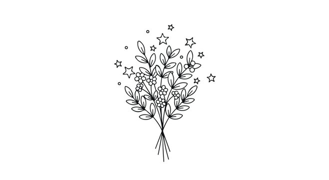 Minimalist Hand Drawn Flower Bouquet with Stars Line Art Isolated on White Background