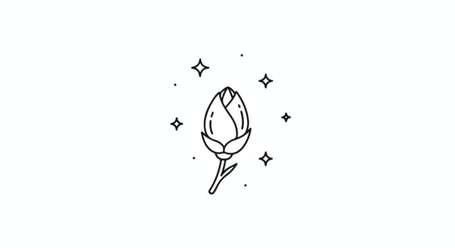 Minimalist Rosebud Line Art Vector with Stars and Sparkles isolated on White Background