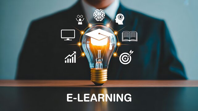 E learning concept with digital icons and light bulb representing online education and knowledge growth