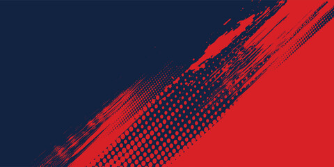 A dynamic abstract background features a bold contrast of red and navy blue separated by angled brush strokes, creating a visually striking and textured composition © Zain Farhany