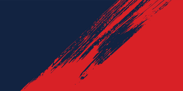 A dynamic abstract background features a bold contrast of red and navy blue separated by angled brush strokes, creating a visually striking and textured composition
