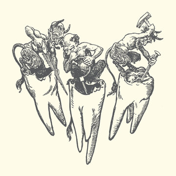 Grotesque vintage illustration depicting mischievous little devils actively causing tooth decay inside three large human molar roots