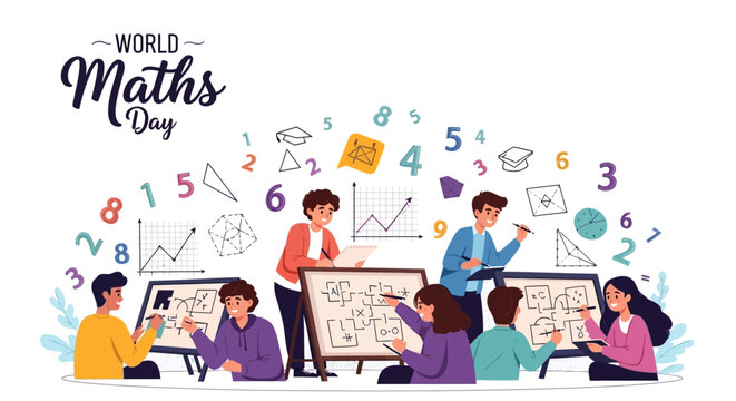 Illustration of diverse students engaged in math problem solving on whiteboards with colorful educational math symbols and equations around them on World Maths Day.