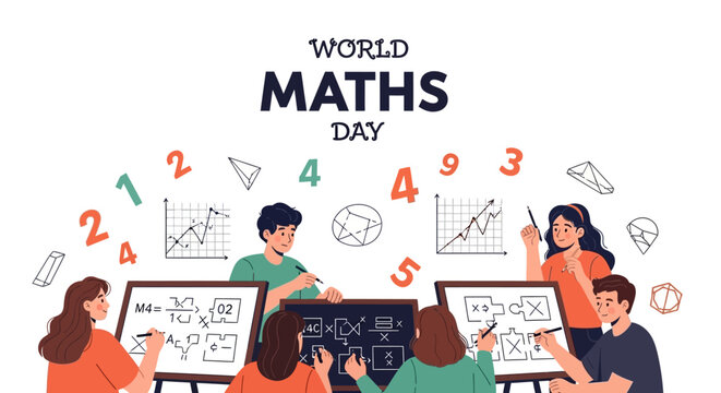Illustration of a group of students engaged in a mathematics day celebration with equations and graphs on whiteboards in a colorful and lively setting.