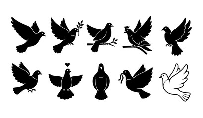 Fototapeta premium A set of black and white dove silhouettes in various flying poses
