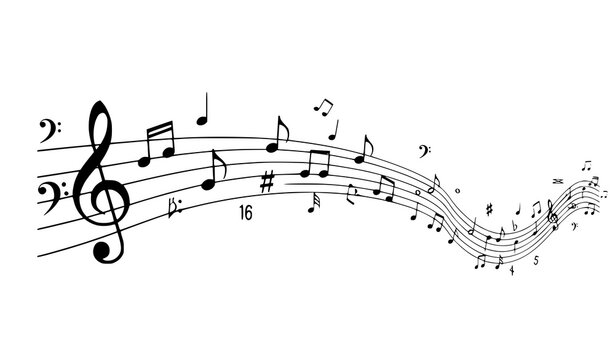 A vector graphic illustration of a musical staff with notes and symbols