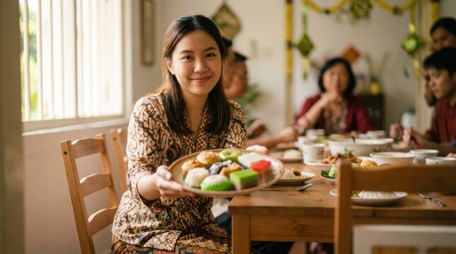 Woman Offering Traditional Desserts at Family Dining Table, Warm Home Celebration Gathering, Cultural Food Sharing Concept