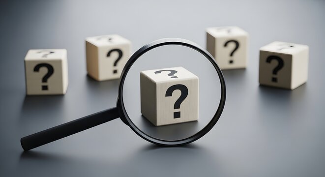 Magnifying glass examining question mark blocks on a gray surface