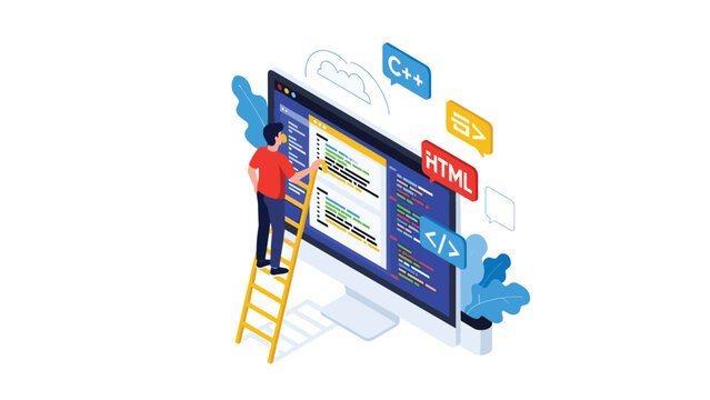 Web developer on a ladder working on a large computer screen with various coding languages like HTML, C plus plus, and CSS displayed clearly.