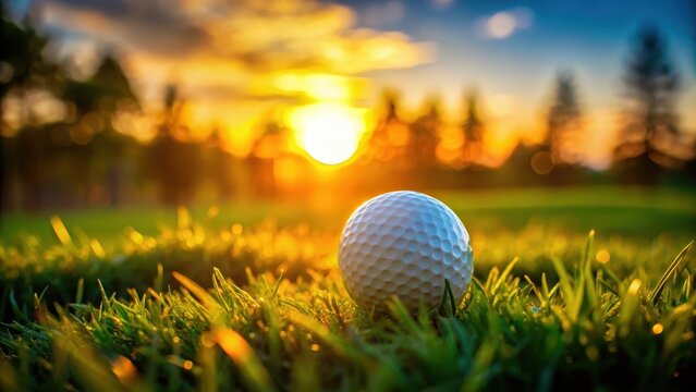 A photo of a golf ball sitting on a lush green course at sunset