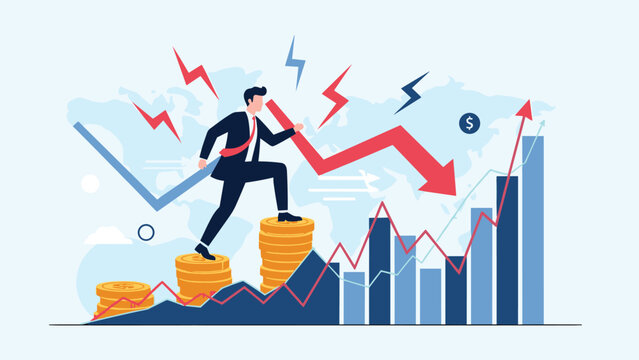 Resilience in the face of financial crisis showing a businessman running up a money graph to overcome market volatility and economic trends.