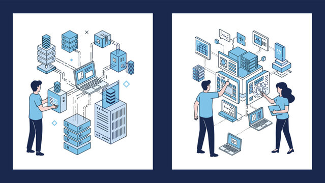 IT professionals managing large scale server networks and cloud data infrastructure through digital interfaces and computerized systems management.