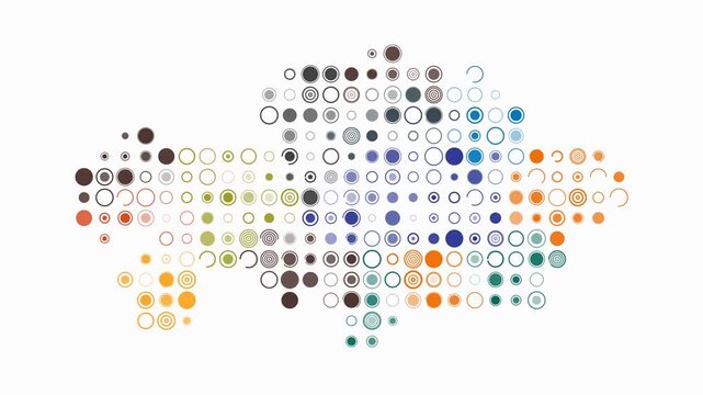 Kazakhstan map animation. Shape of the country with pulsating colored dots. Large size circle blocks. Digital style Kazakhstan map on white background. Artistic video.