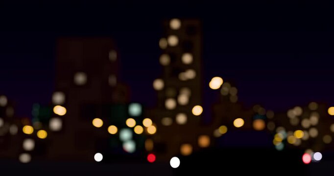 Abstract view of blurred city light from train. Defocused building lights from moving traffic on a urban night cityscape. Round colorful bokeh effect. 4K 3D rendering loop animation.