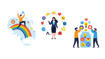 Fototapeta premium Illustrative scenes show a person climbing a rainbow to success, managing life priorities, and saving ideas in a glass jar.