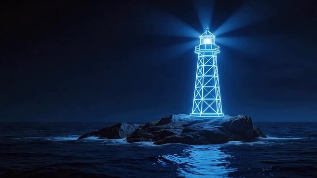 Lighthouse on rocky island at night