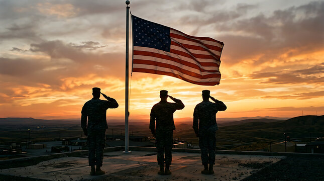 American soldiers saluting the flag at sunset