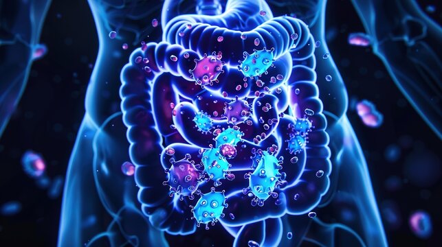Human Abdominal Silhouette with Translucent Small Intestine and Dense Bacterial Colonization, Medical Diagram 3D Visualization