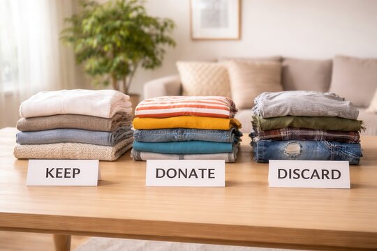 Organized clothing donation decision process with keep, donate, and discard piles on wooden table in bright living room