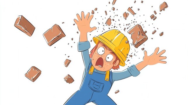A construction worker is hit by falling bricks.