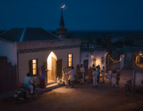 mosque in village during Eid, people arriving home, soft moonlight, peaceful atmosphere