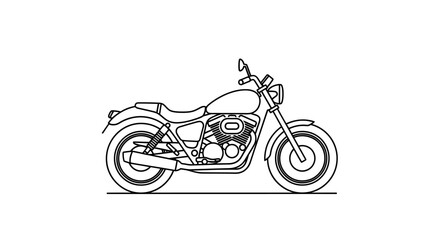 Obraz premium Classic Cruiser Motorcycle Line Art Illustration. Detailed Side View Outline Drawing of a Vintage Bike on Isolated White Background.