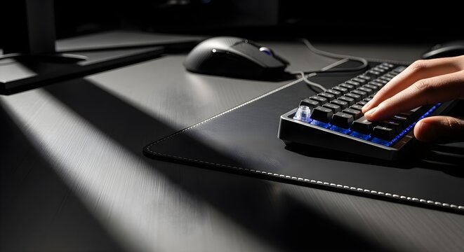 Hand typing on a mechanical keyboard with blue LED lighting on a professional desk mat.