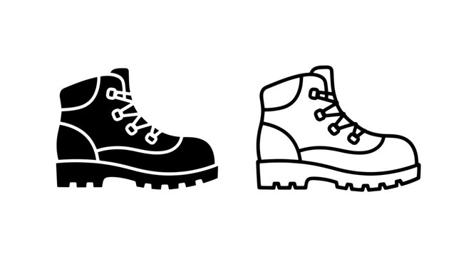 Outdoor hiking boot trekking footwear icon set in solid and outline styles