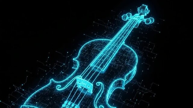 Glowing Digital Violin Set In Dark Showing Circuit Lines Connectivity Futuristic Vibe For Musical Technology Data Visualization Cyber-themed Content
