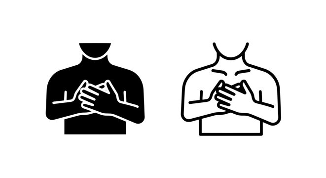 Chest pain and heart attack symptom icon set featuring silhouette and outline graphics