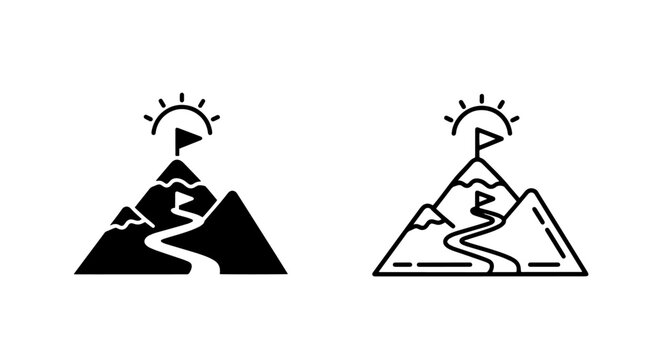 Mountain peak with flag and path icon set representing goal achievement success and leadership