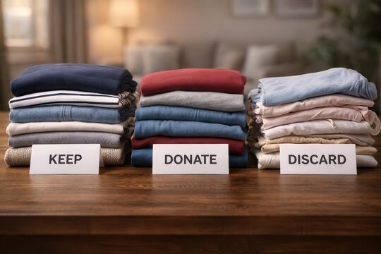 Organized folded clothes piles labeled keep, donate, and discard for decluttering concept on wooden table