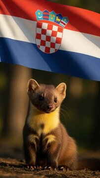 European Pine Marten with Croatian Flag, National Animal Symbolism, Wildlife Heritage Concept