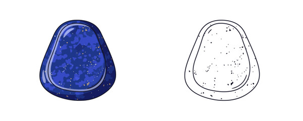 Polished lapis lazuli gemstone vector illustrations shown in colored cartoon and black outline linear styles, deep royal blue hues with gold pyrite flecks, representing smooth tumbled stone on white b © Dzianis